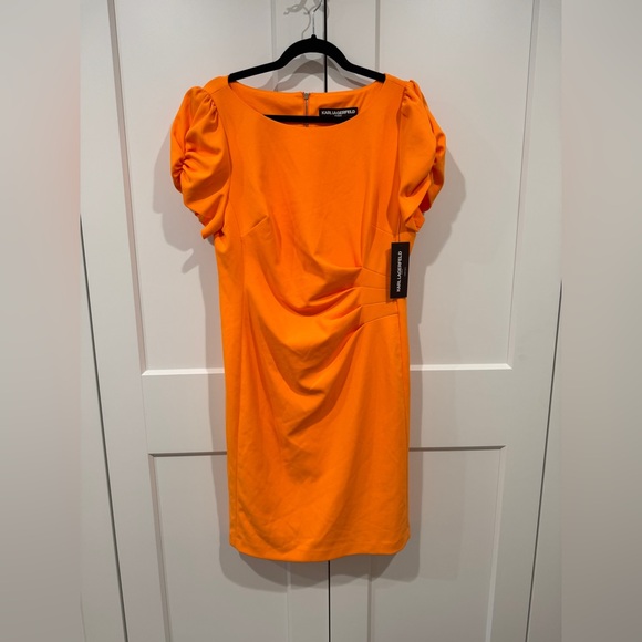NWT Karl Lagerfeld Vibrant Orange Puff Sleeve Sheath Dress, Size 12 - Picture 1 of 8